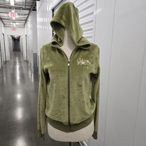 BCBG Max Azria Olive Green Velour Zip Hoodie Peacock Floral Embroidery M